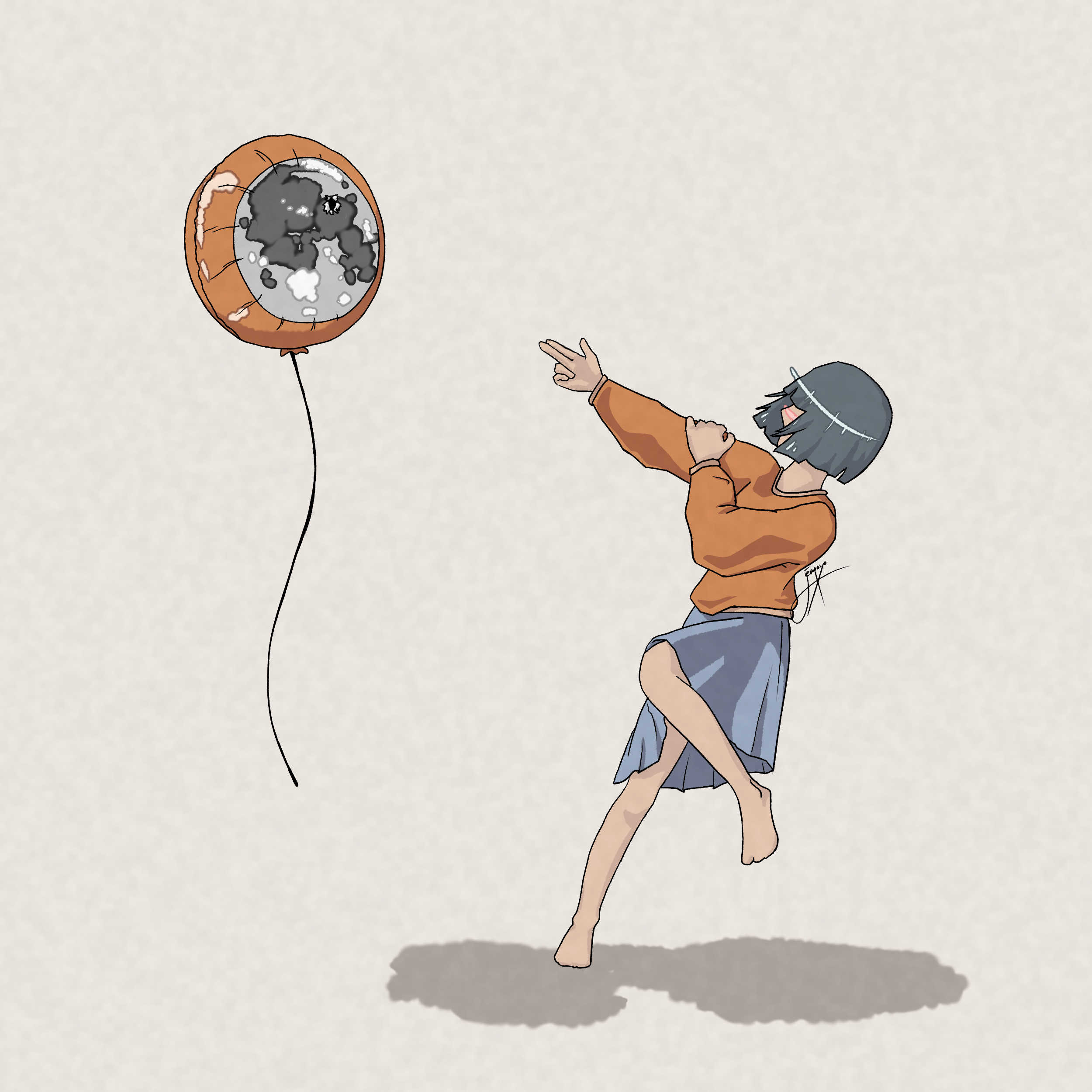 Drawing of a girl pointing a finger gun at a floating balloon with moon print. The balloon has a hole. Muted colours